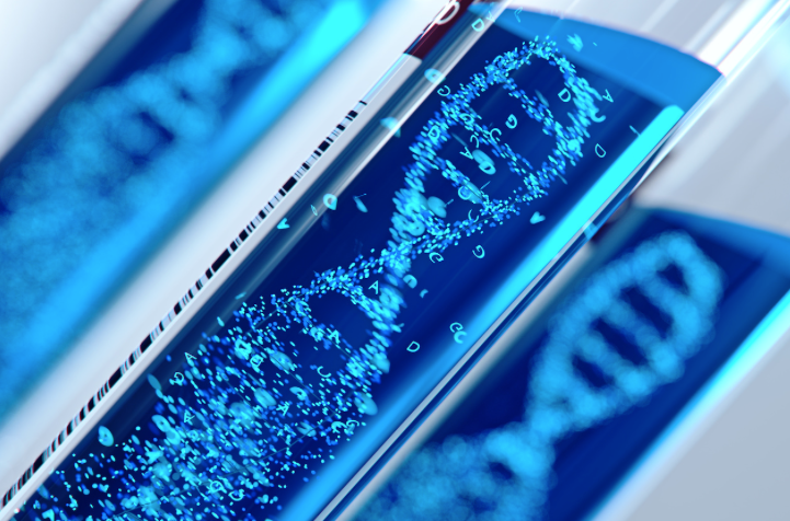 DNA model inside test tube filled with blue liquid