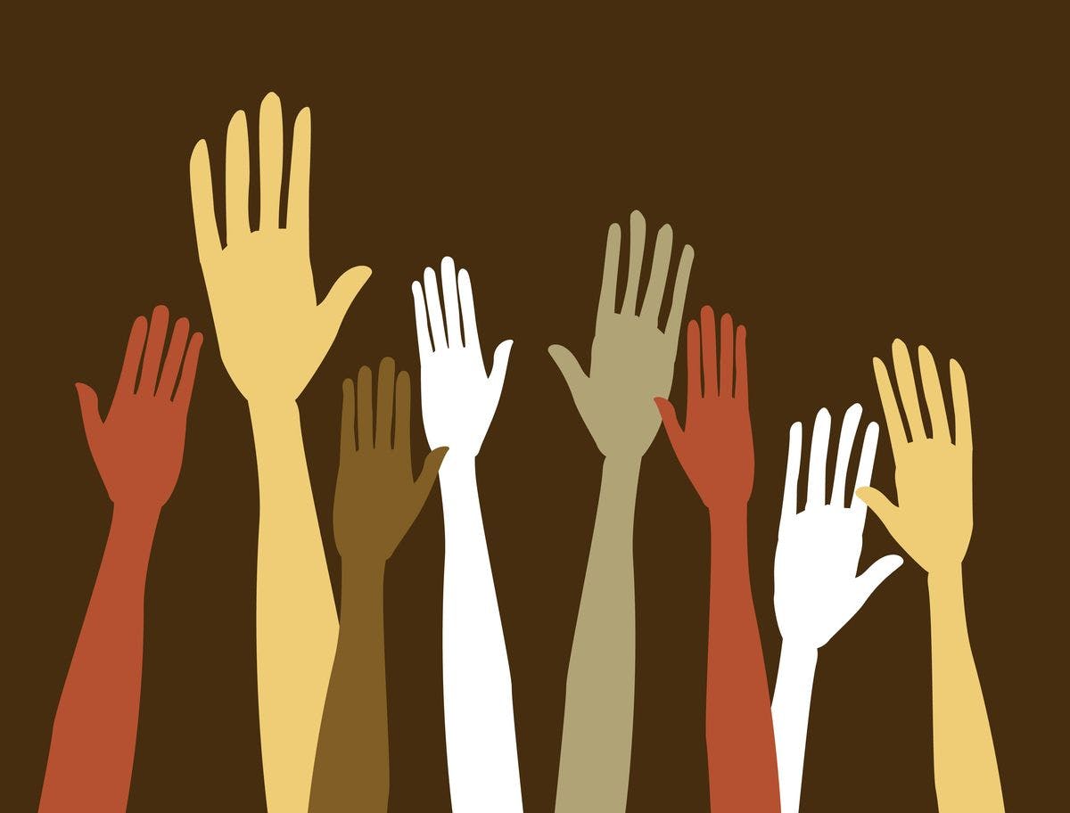 racial disparities depicted by different color hands reaching up to varying heights