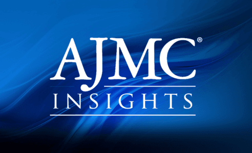 AJMC Insights logo displayed on a blue abstract background with light and dark wave patterns.