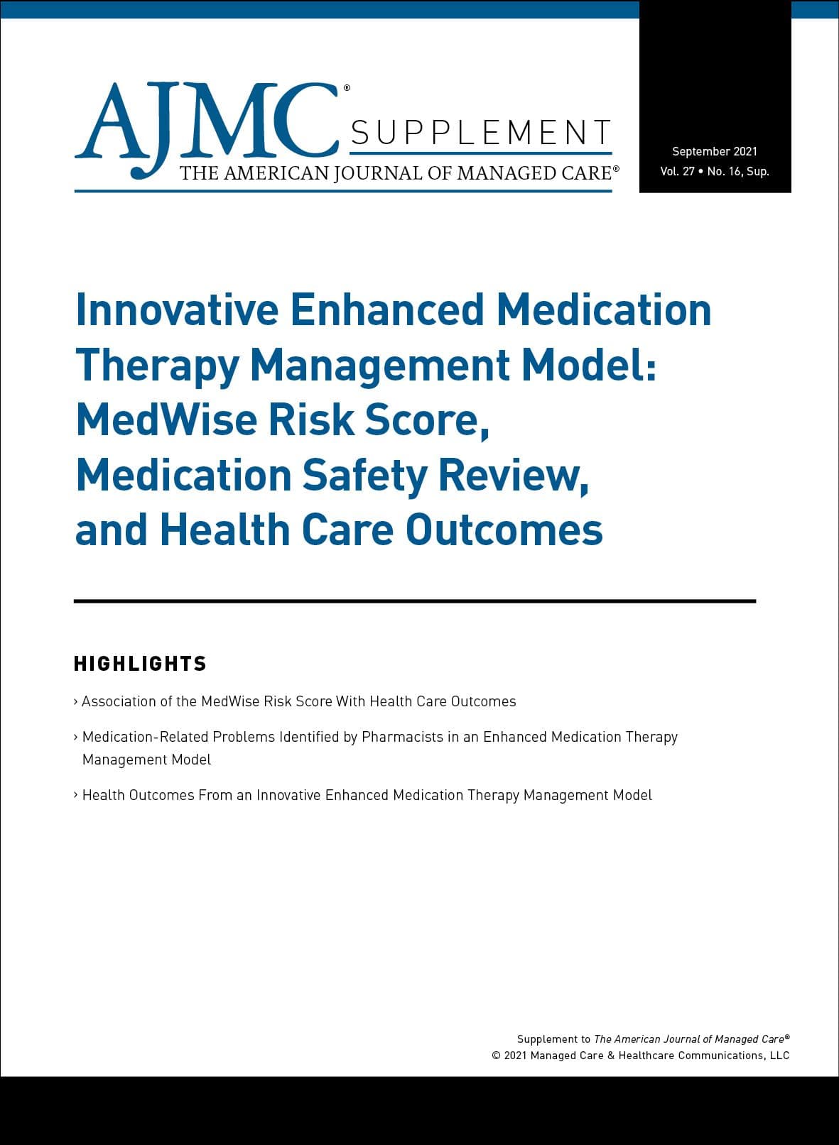 AJMC Supplement Cover for Examining the Benefit of an Innovative Enhanced Medication Therapy Management Model