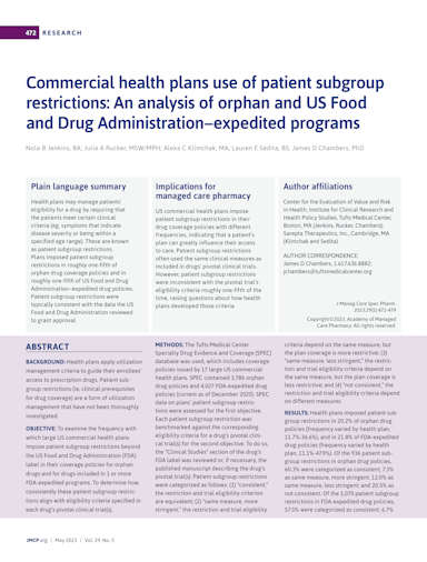 Commercial health plans use of patient subgroup restrictions: an analysis of orphan and US Food and Drug Administration-expedited programs