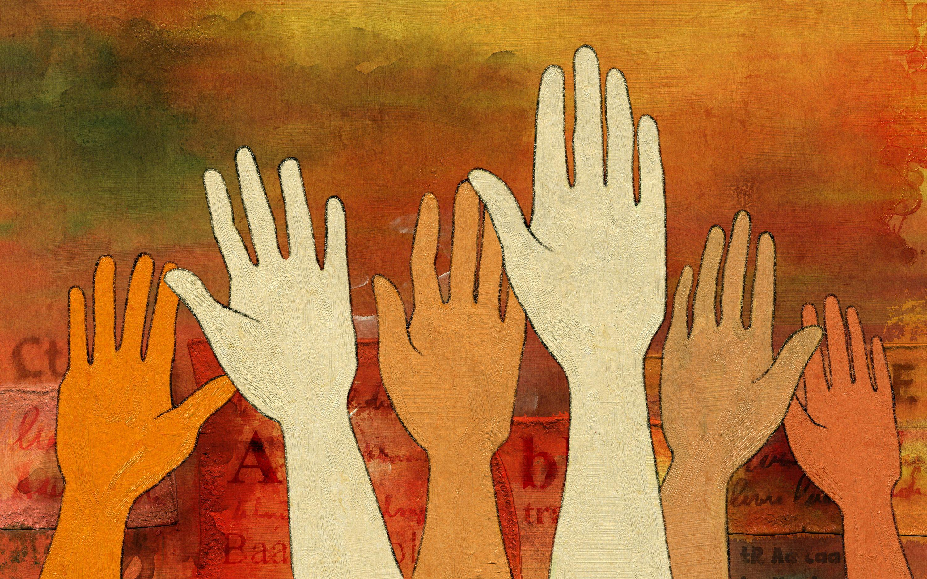raised hands of different shades