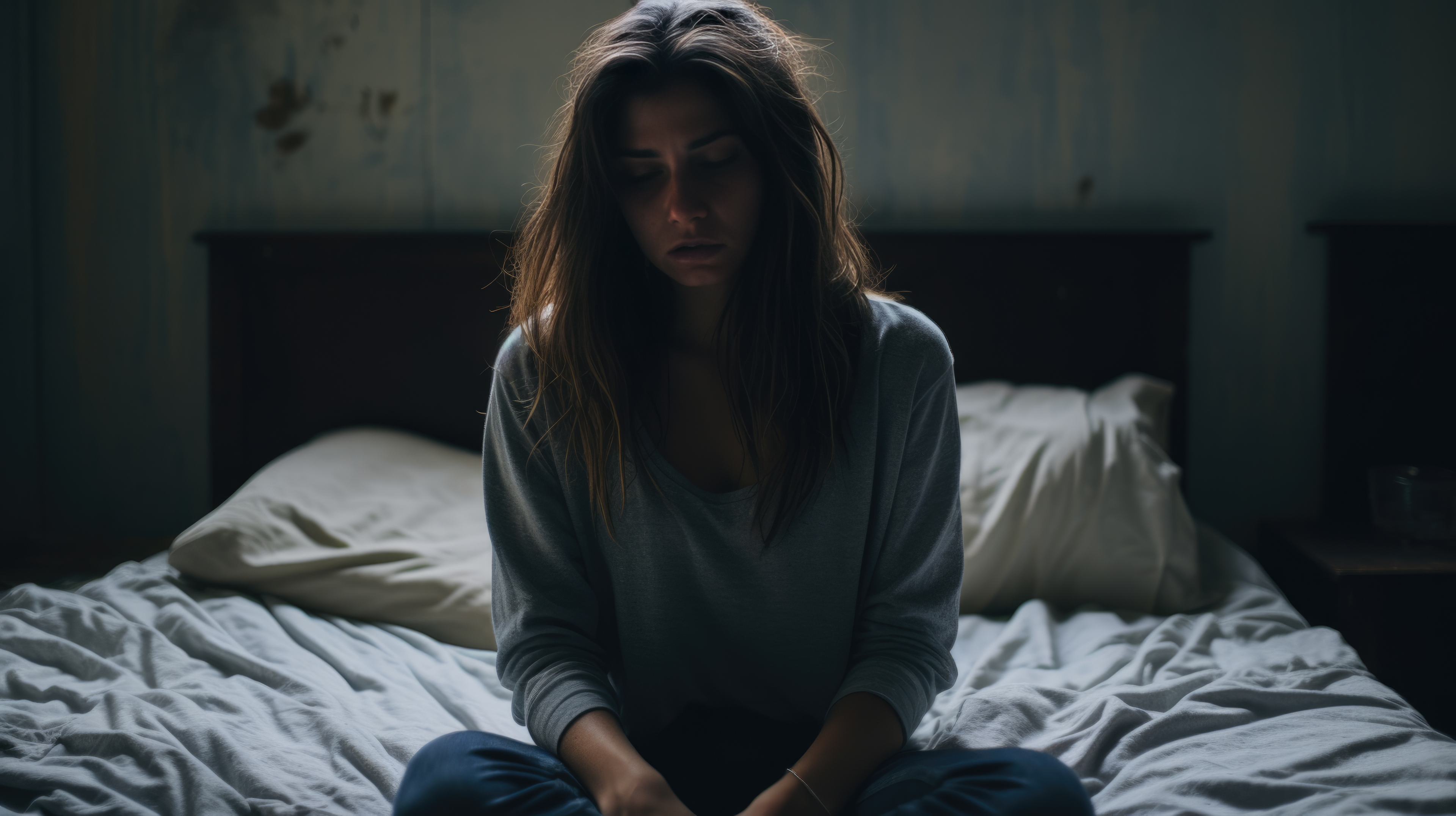 Woman with depression sitting in bed with pajamas |  © MP Studio- stock.adobe.com