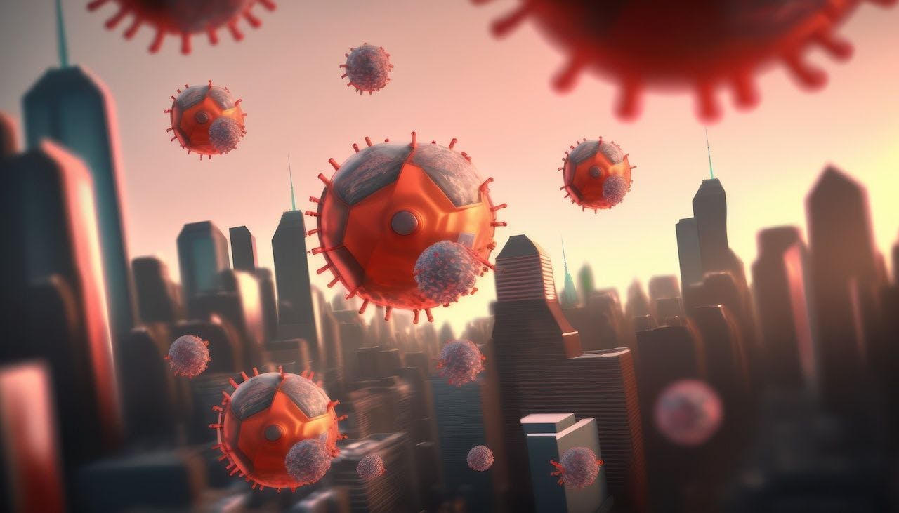 Coronaviruses floating over a city. generative AI:  © Adriana - stock.adobe.com
