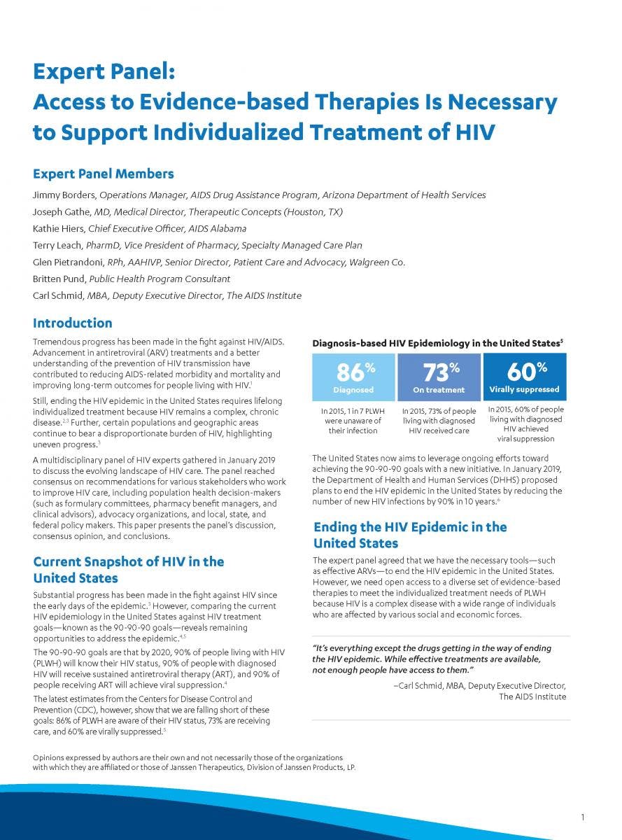 Expert Panel: Access to Evidence-based Therapies Is Necessary to Support Individualized Treatment of HIV