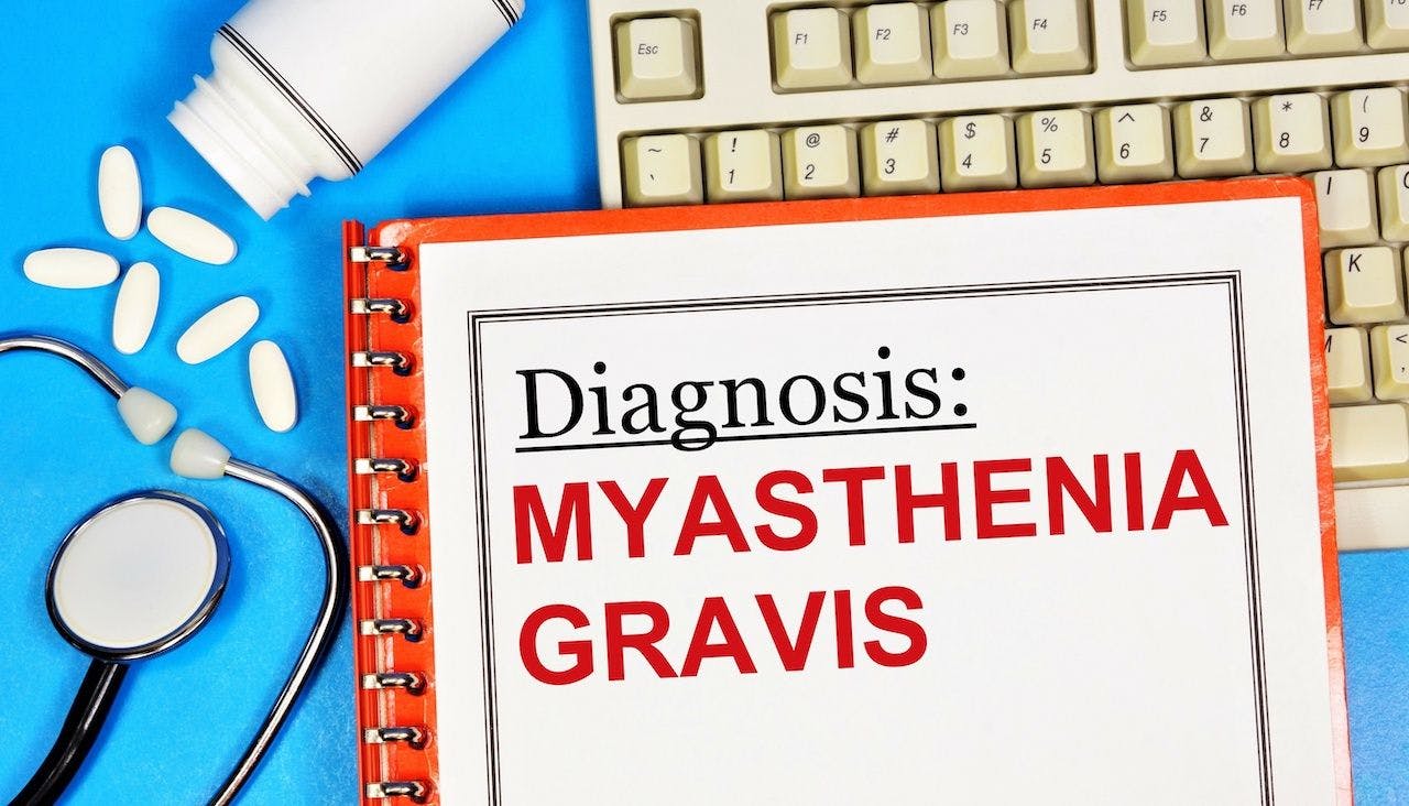 The words "Diagnosis: Myasthenia Gravis" on a notebook with a stethoscope and pills | Image Credit: Николай Зотов stock.adobe.com