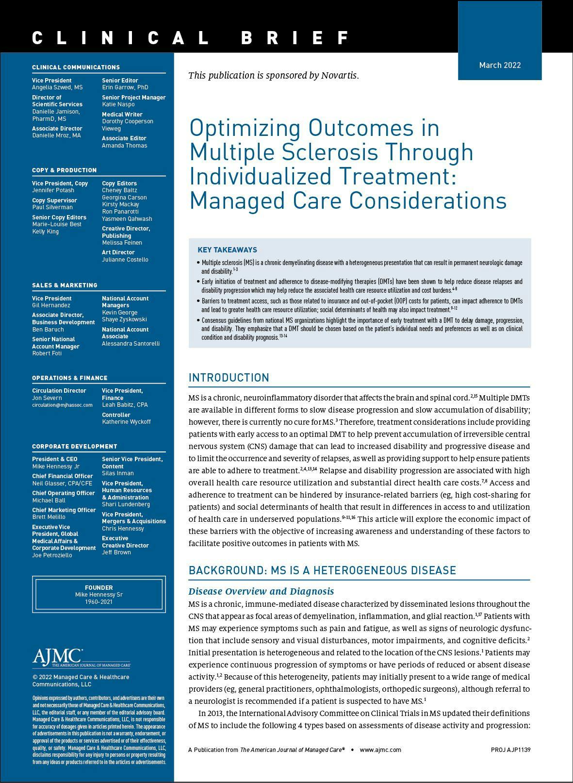 Optimizing Outcomes in Multiple Sclerosis Through Individualized Treatment: Managed Care Considerations