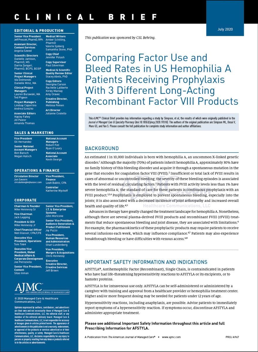 Comparing Factor Use and Bleed Rates in US Hemophilia A Patients Receiving Prophylaxis With 3 Different Long-Acting Recombinant Factor VIII Products