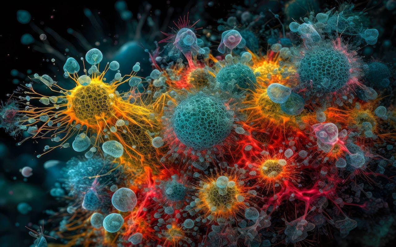 Colorful cell interaction - tumor cell surrounded with immune cells (Generative AI): © Nevio - stock.adobe.com
