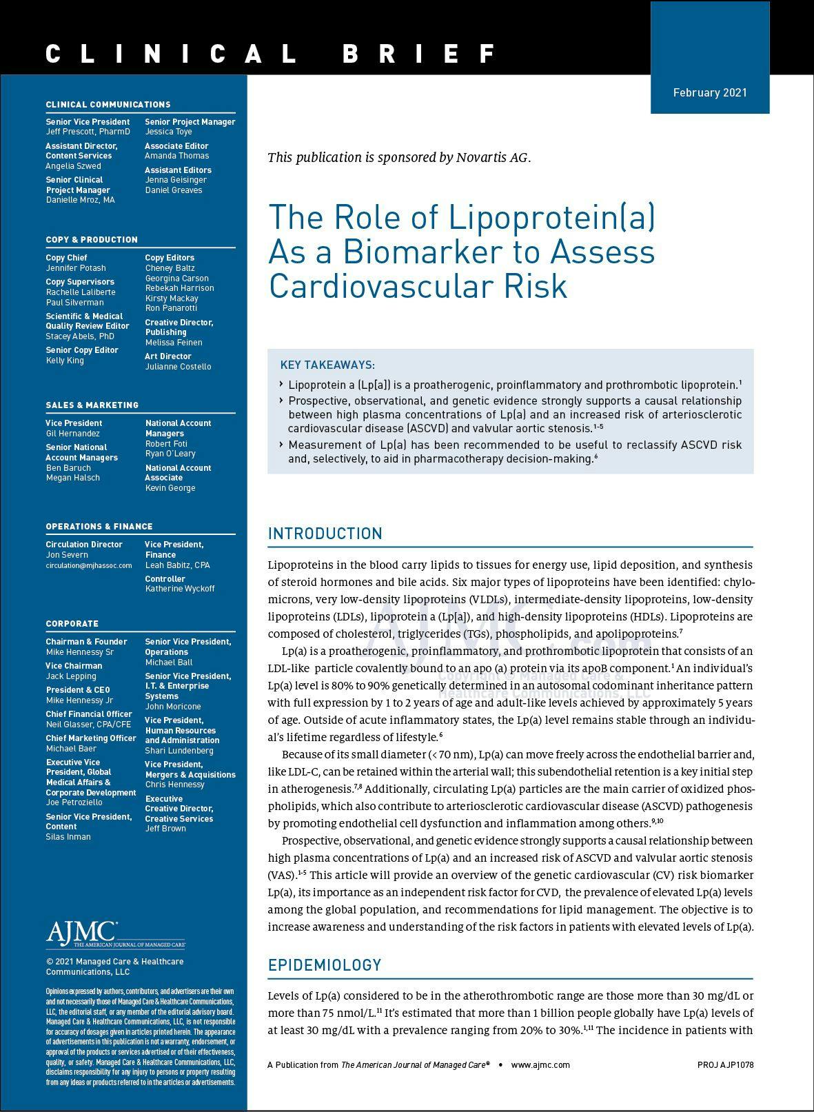 The Role of Lipoprotein(a) As a Biomarker to Assess Cardiovascular Risk