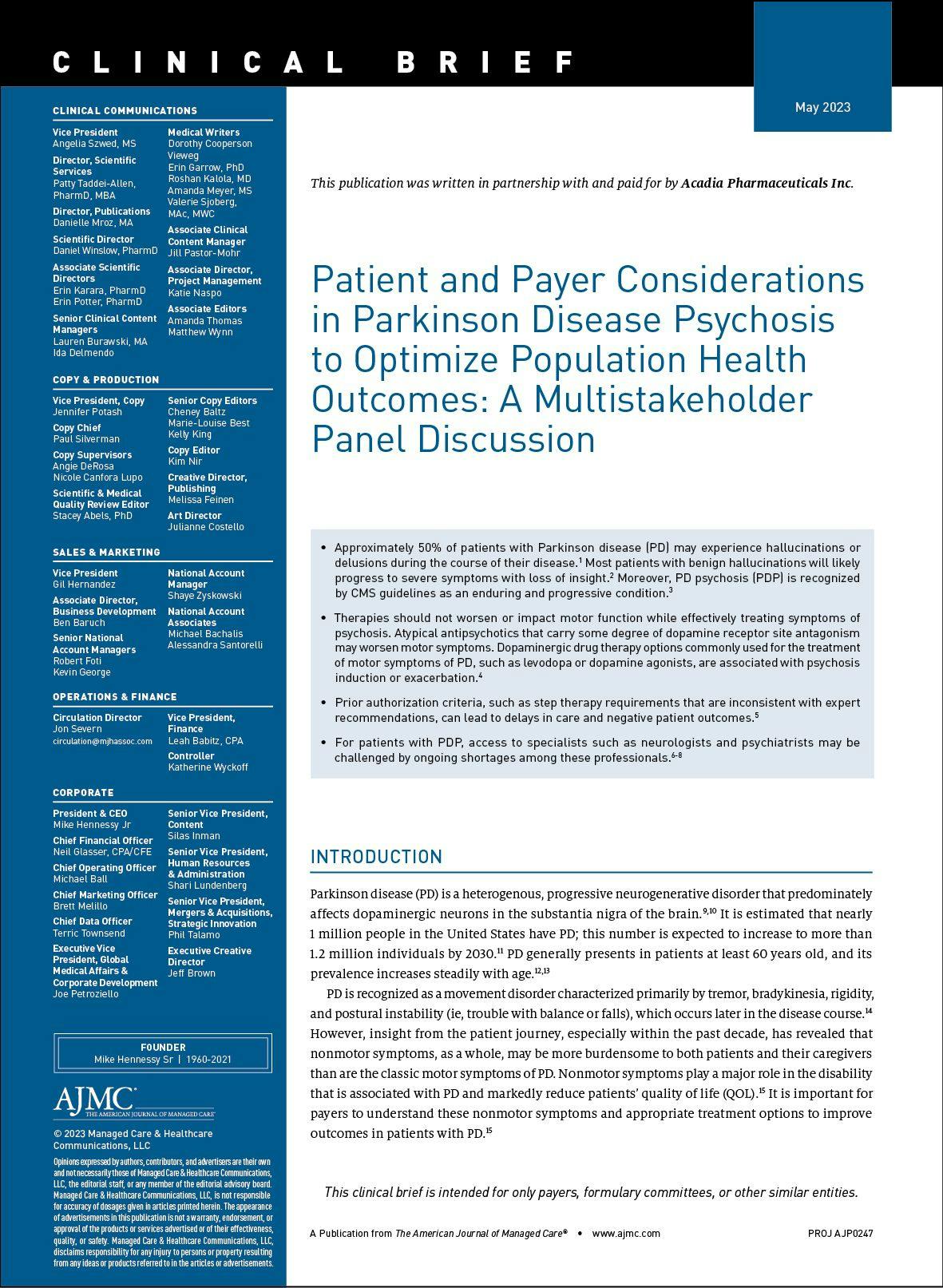 Patient and Payer Considerations in Parkinson Disease Psychosis to Optimize Population Health Outcomes: A Multistakeholder Panel Discussion