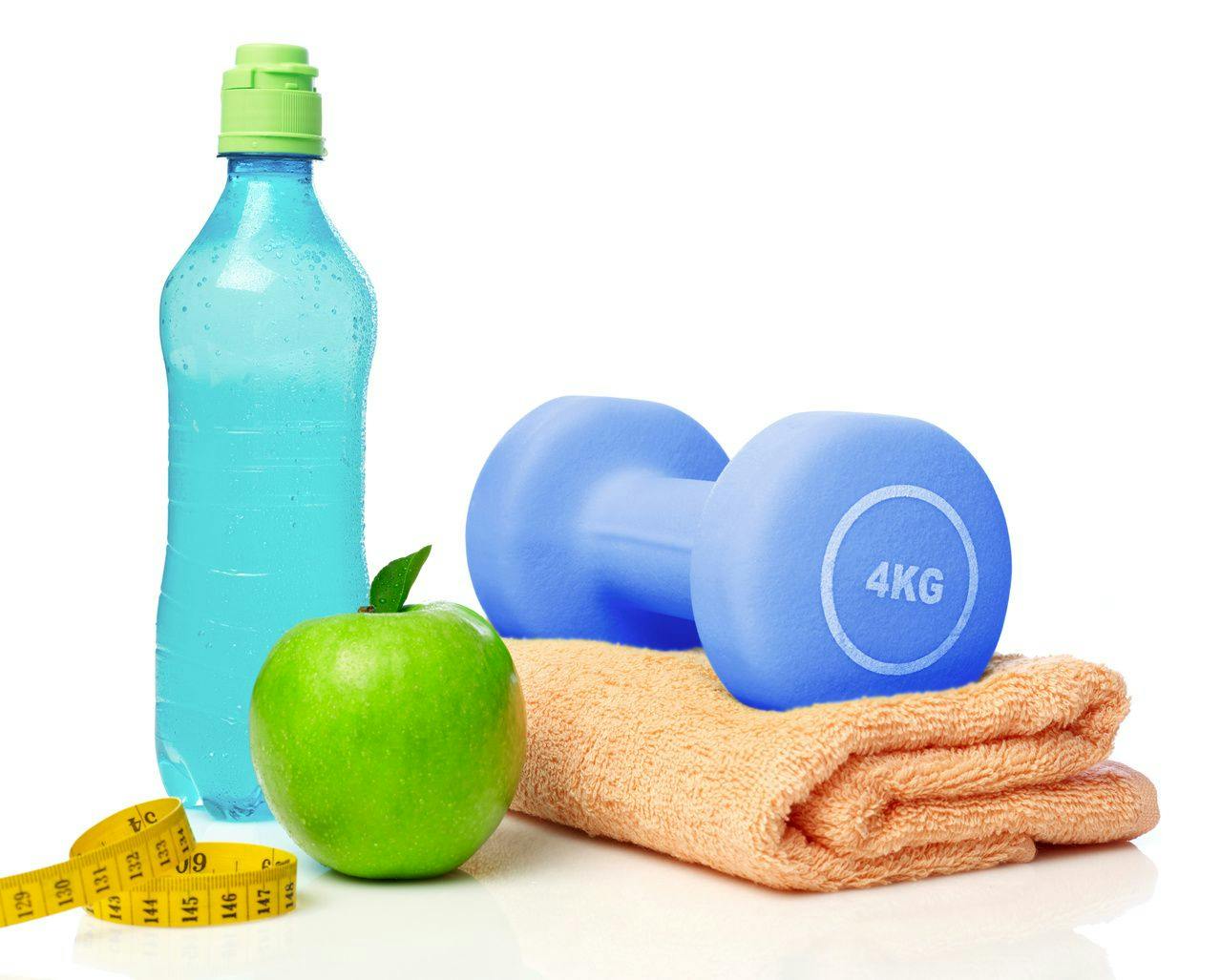 collection of health and fitness items, including water bottle, apple, weight, towel, and measuring tape