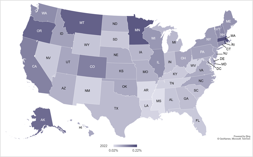 Figure 2. Eating Disorder Claim Lines as a Percentage of Medical Claim Lines by State, 2022