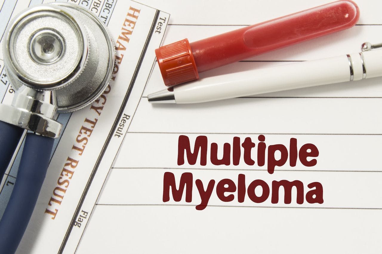 Diagnosis of Multiple Myeloma. Test tubes or bottles for blood, stethoscope and laboratory hematology analysis surrounded by text title of diagnosis of Multiple Myeloma lie in the doctor workplace See Less: © shidlovski - stock.adobe.com