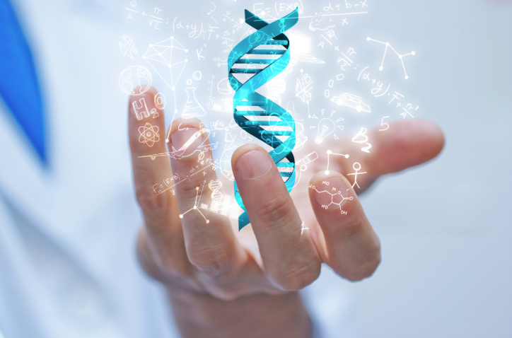 a graphic of a gene hovers above a person's hand