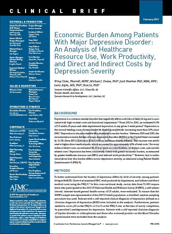 Economic Burden Among Patients With Major Depressive Disorder: An Analysis of Healthcare Resource Use, Work Productivity, and Direct and Indirect Costs by Depression Severity
