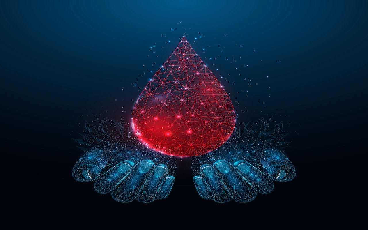 Two human hands are holds blood drop. Wireframe glowing low poly design on dark blue background. Abstract futuristic vector illustration: © Elena - stock.adobe.com