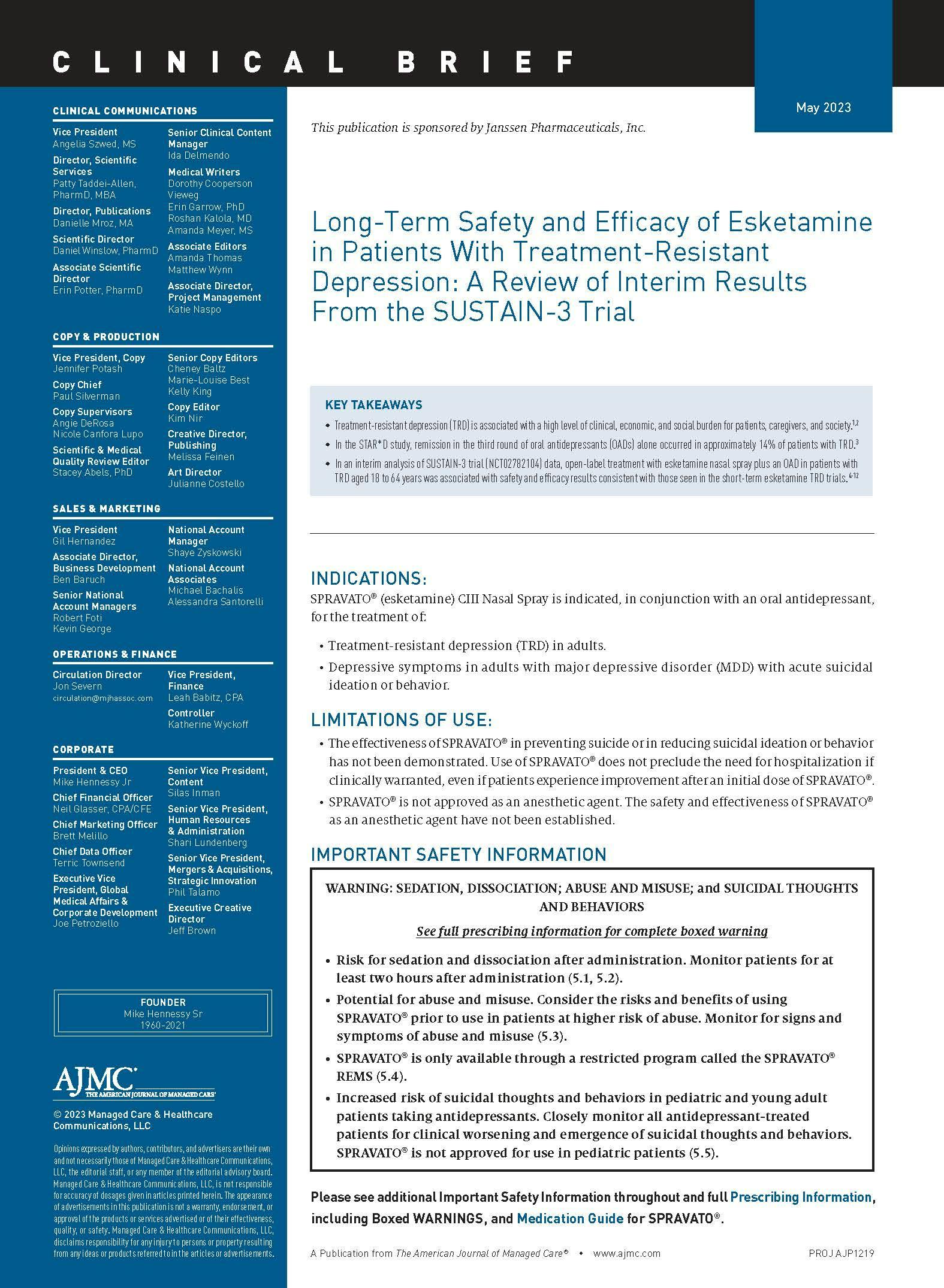 Long-Term Safety and Efficacy of Esketamine in Patients With Treatment-Resistant Depression: A Review of Interim Results From the SUSTAIN-3 Trial