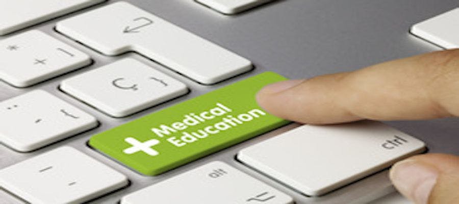Graphic showing computer button that says medical education