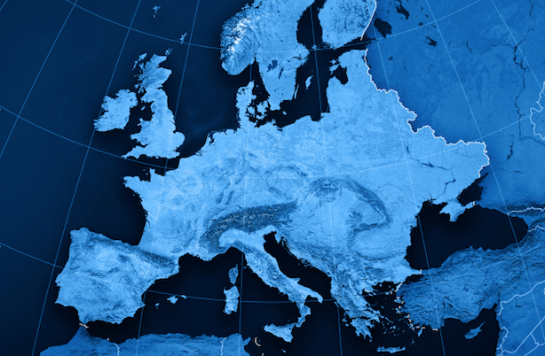 close up of Europe on globe, shaded blue