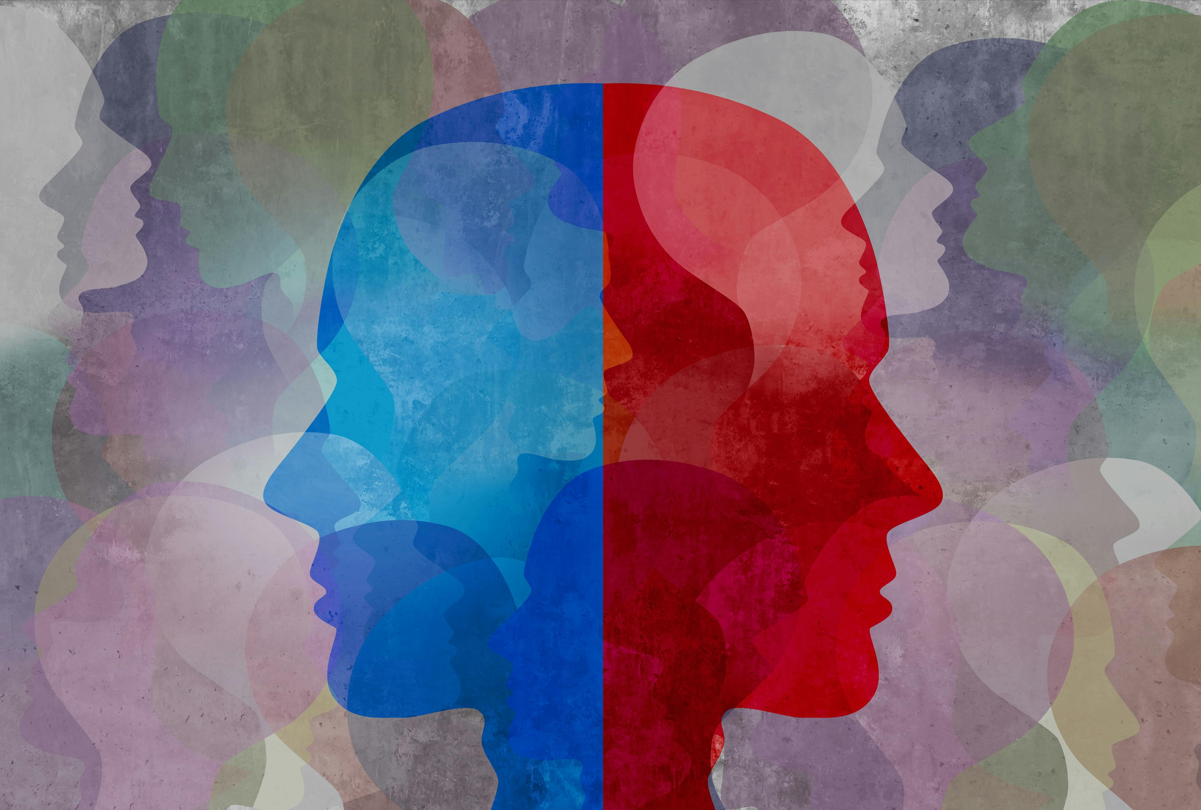 a blue silhouette of a head facing left and a red silhouette of a head facing right