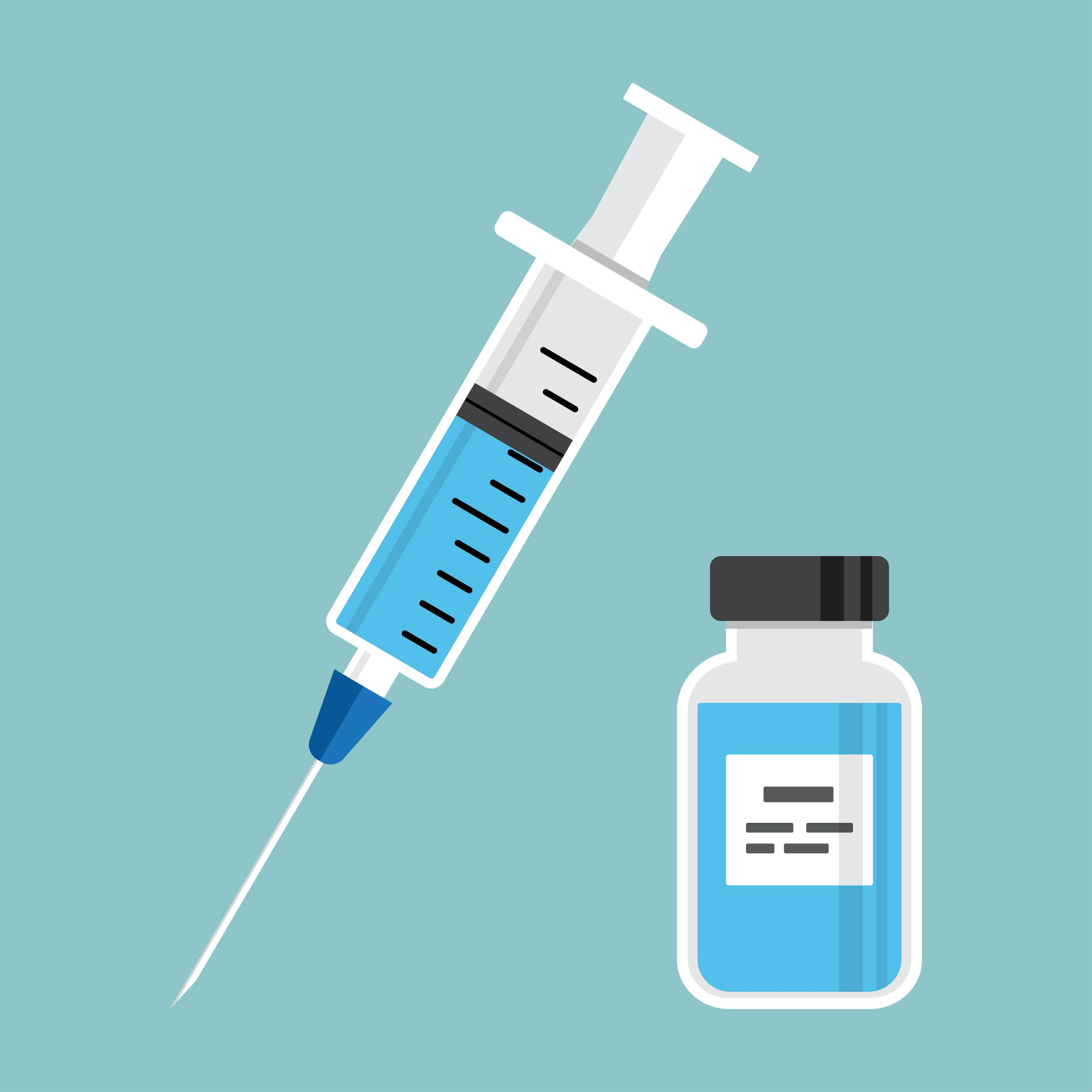 Syringe with blue vaccine, vial of medicine on green background. Vector illustration | Sylfida - stock.adobe.com