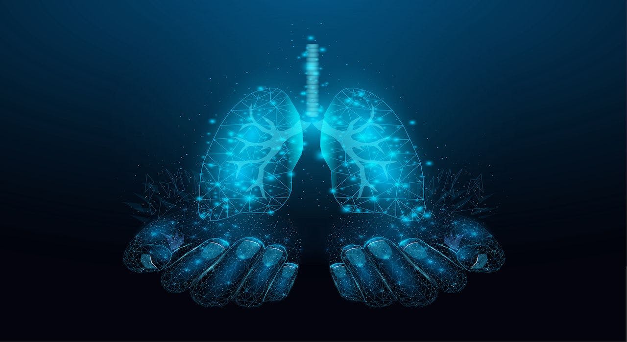 Two human hands are holds human lungs. Support healthy lungs concept. Wireframe glowing low poly design on dark blue background. Abstract futuristic vector illustration: ©  Elena - stock.adobe.com