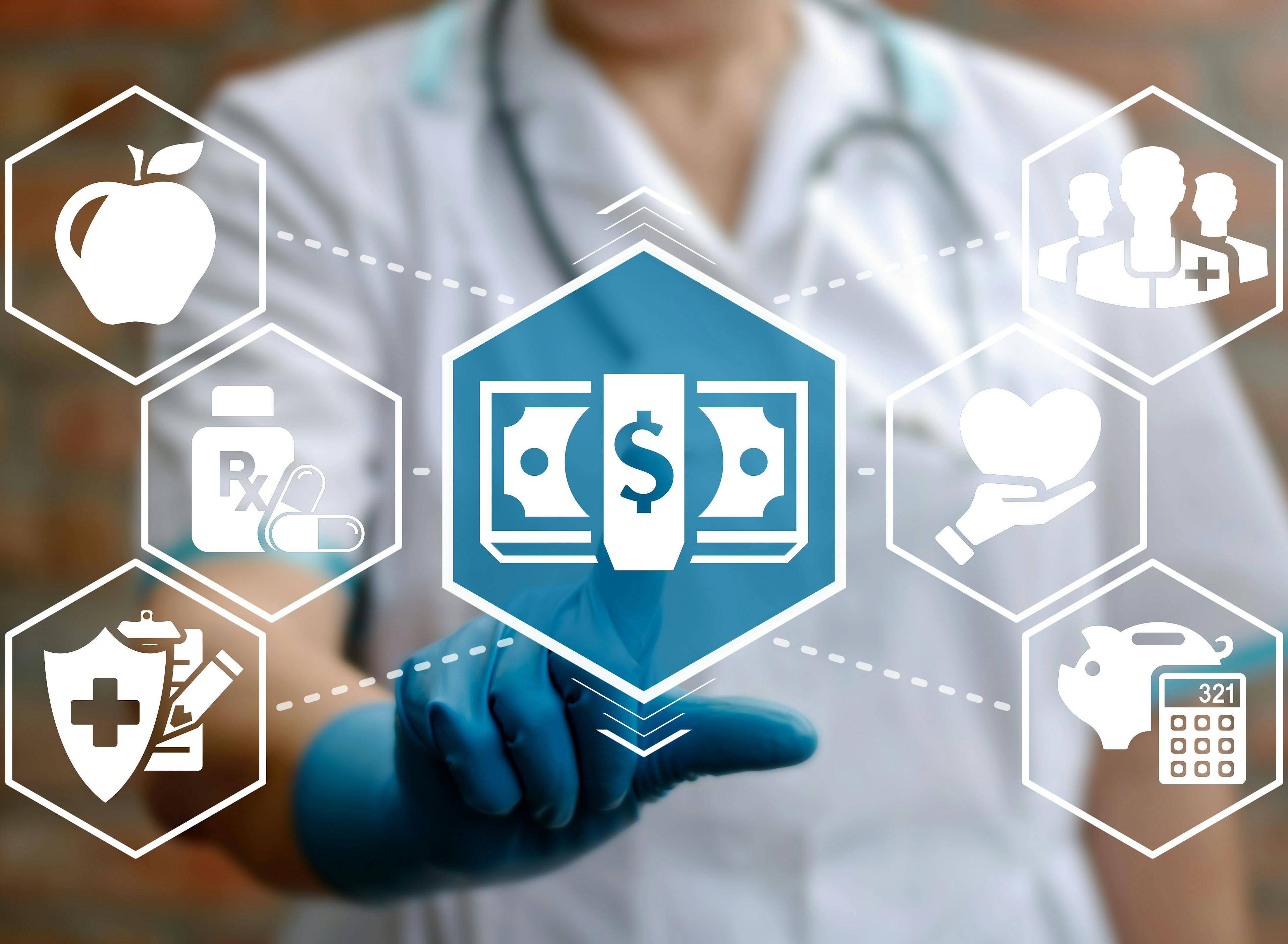 image of a health care provider and various icons indicating health and cost