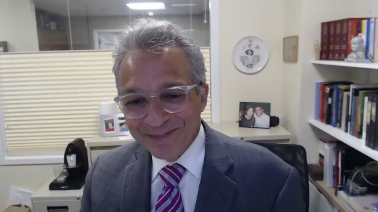 Screenshot of Alvaro Pascual-Leone, MD, in a Zoom video interview