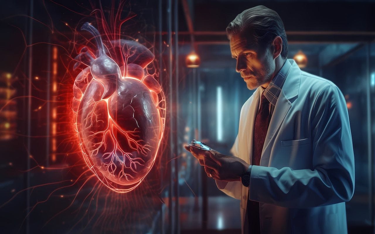 Cardiologist doctor examine patient heart functions and blood vessel on virtual interface. Medical technology and healthcare. Generative Ai: © ckybe - stock.adobe.com