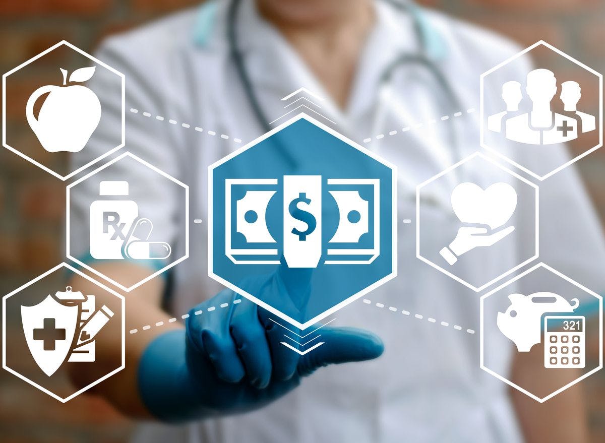 cost of health care represented by various icons and a physician