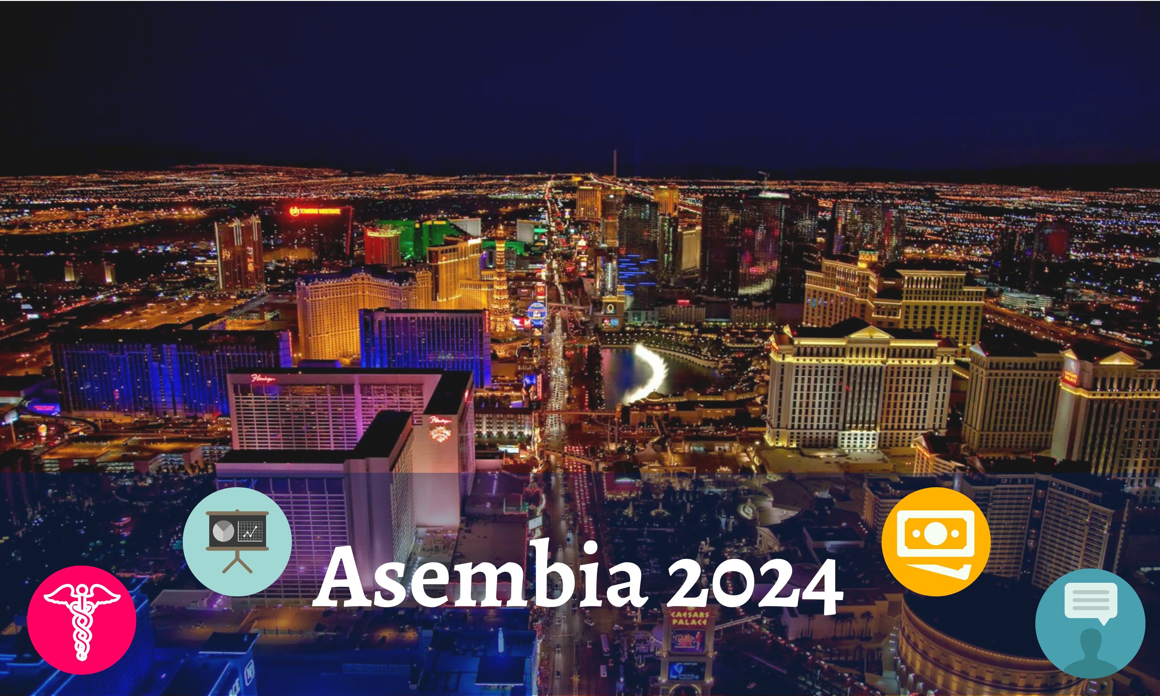 Image of Las Vegas skyline with Asembia 2024 and health icons overlaid