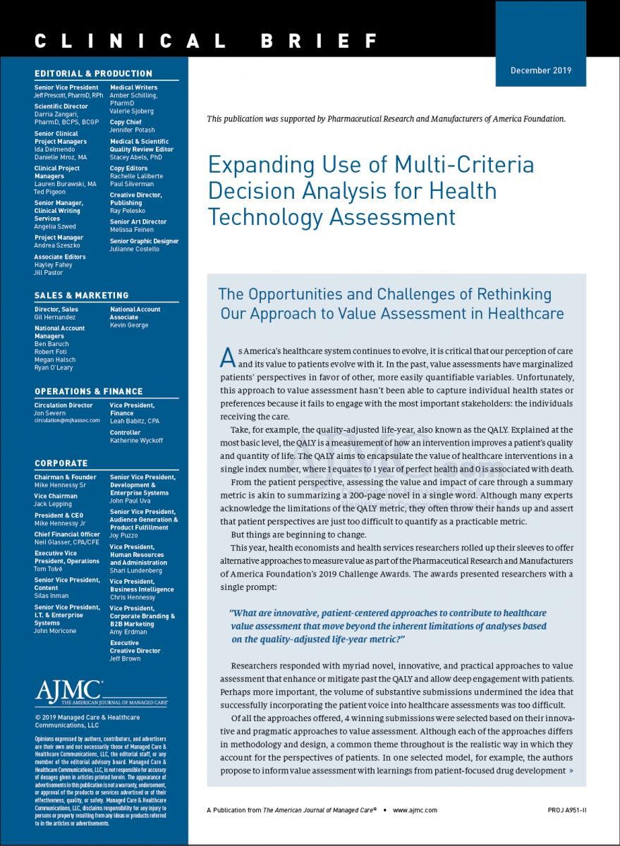 Expanding Use of Multi-Criteria Decision Analysis for Health Technology Assessment