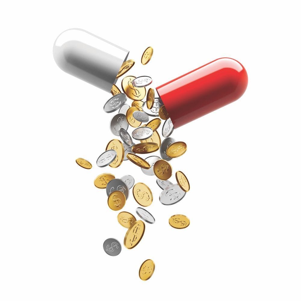Image of a pill bursting with money