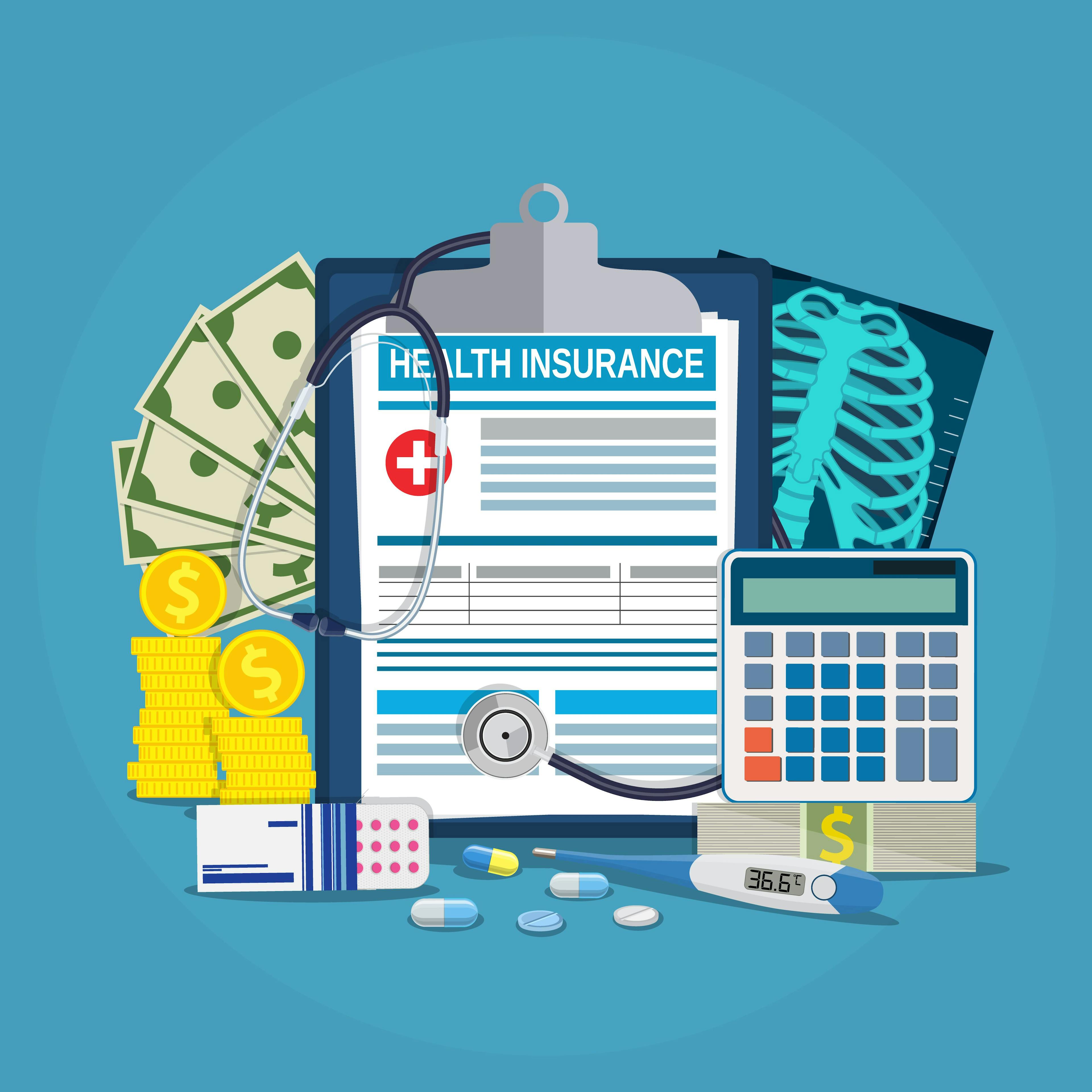 graphic of images representing health insurance, including coins, calculator, insurance document